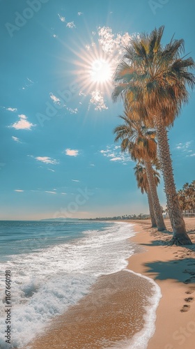 Relaxing beach view with palm trees on a sunny day