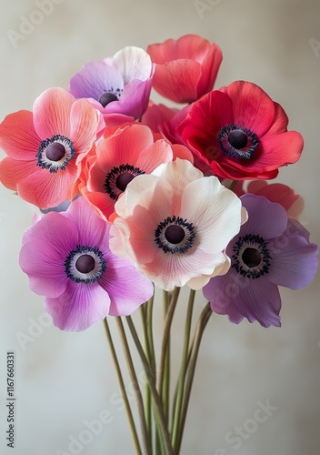 Vibrant bouquet of mixed anemone flowers in a glass vase on a soft background