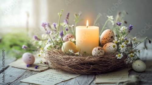 Elegant centerpiece featuring a candle and decorated eggs in a floral nest