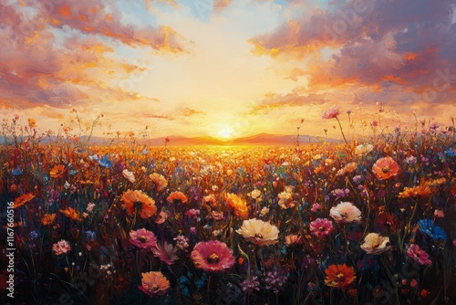 Beauty of a vibrant flower field at sunset with colorful blossoms and dramati...
