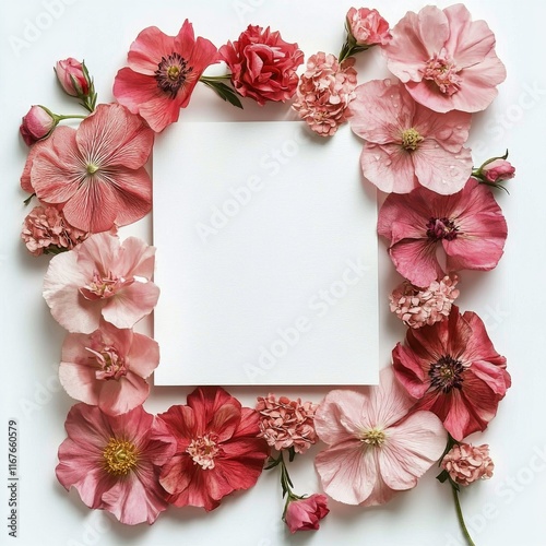 Floral arrangement featuring pink and red flowers around a blank space for cr...