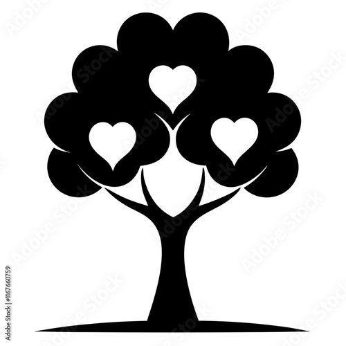 Heartfelt Family Tree: A symbolic black and white illustration of a tree adorned with hearts, representing family, love, and connection. Perfect for cards, websites.