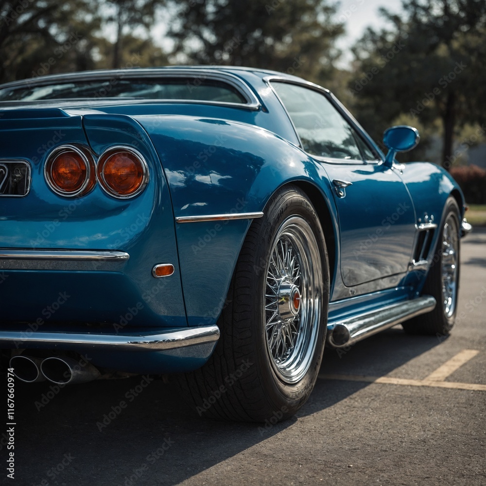 A glossy blue retro-inspired sports car with chrome detailing and sharp angles. A glossy blue retro-inspired sports car with chrome detailing and sharp angles.