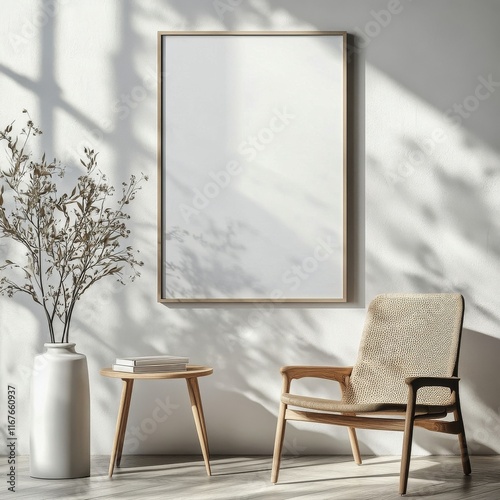 Framed empty canvas on a wall with decorative plants casting shadows in warm ...