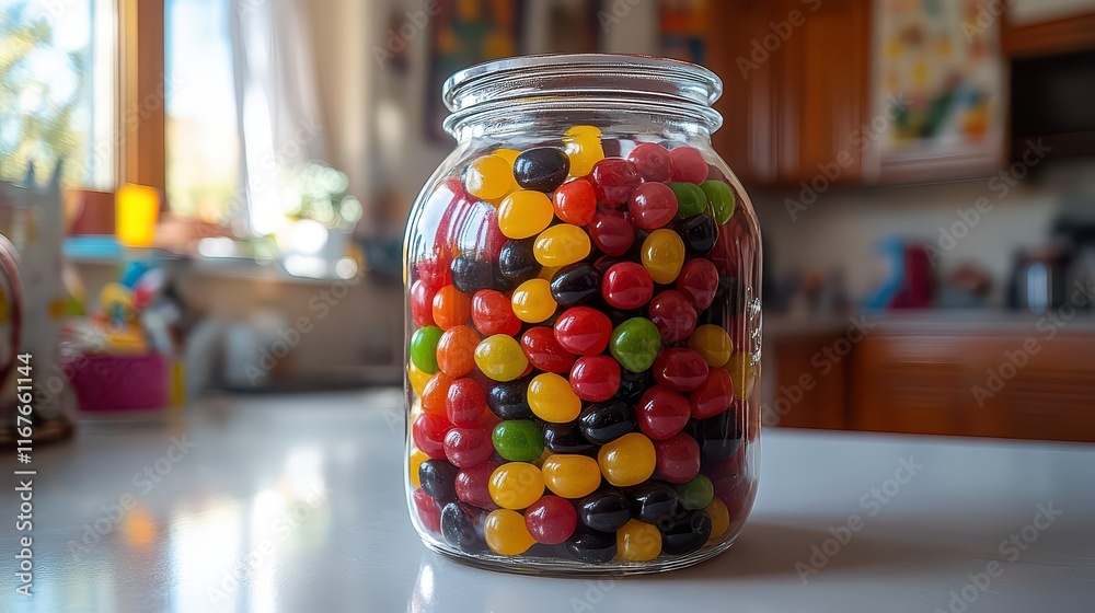 A glass jar filled with colorful jelly beans sits on a kitchen counter. A glass jar filled with colorful jelly beans sits on a kitchen counter.
