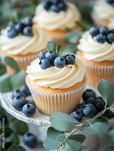 Blueberry topped cupcakes with creamy frosting and green leaves on a decorati...
