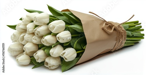 Elegant white tulips arranged with a gift wrapped in brown paper
