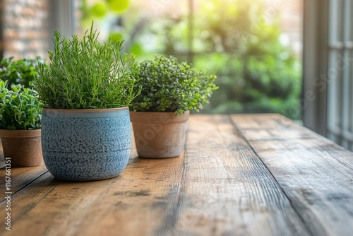 Lush green plants in decorative pots arranged on a rustic wooden table indoors