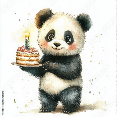 Cute panda holding a birthday cake with a candle in a festive setting