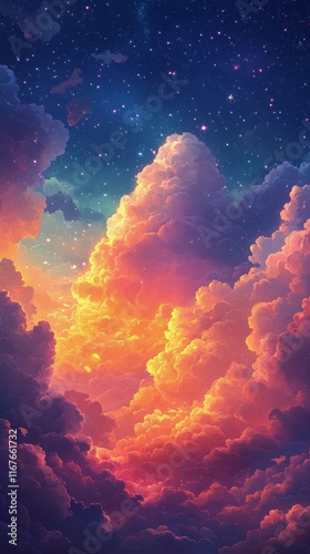 Bright and colorful clouds illuminated by sunset in a starry sky