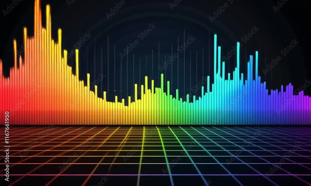 Rainbow Sound Waves Visualizer:  A vibrant digital illustration of an equalizer representing music, audio, or sound frequencies.