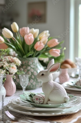 Elegant spring table setting with floral decor and decorative rabbits for a f...
