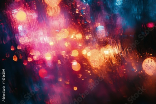 Colorful bokeh reflections on wet surface during nighttime urban setting