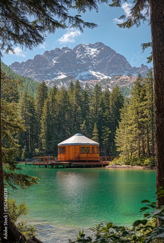 Beautiful mountain lake surrounded by trees with a quaint building reflecting...
