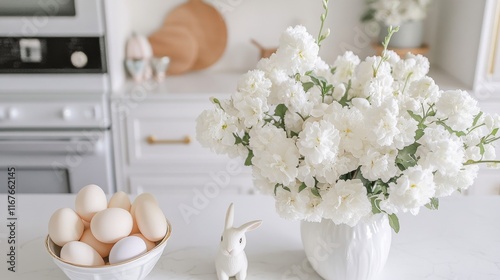 Beautiful white flowers in a clear vase on a kitchen counter with decorative ...