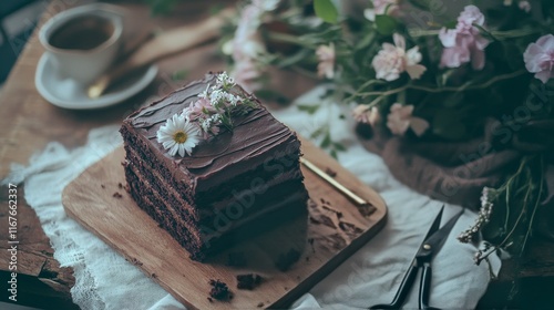Delightful chocolate cake topped with flowers on a rustic wooden table with c...