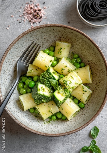 Delicious rigatoni pasta with basil pesto and peas served in a rustic bowl