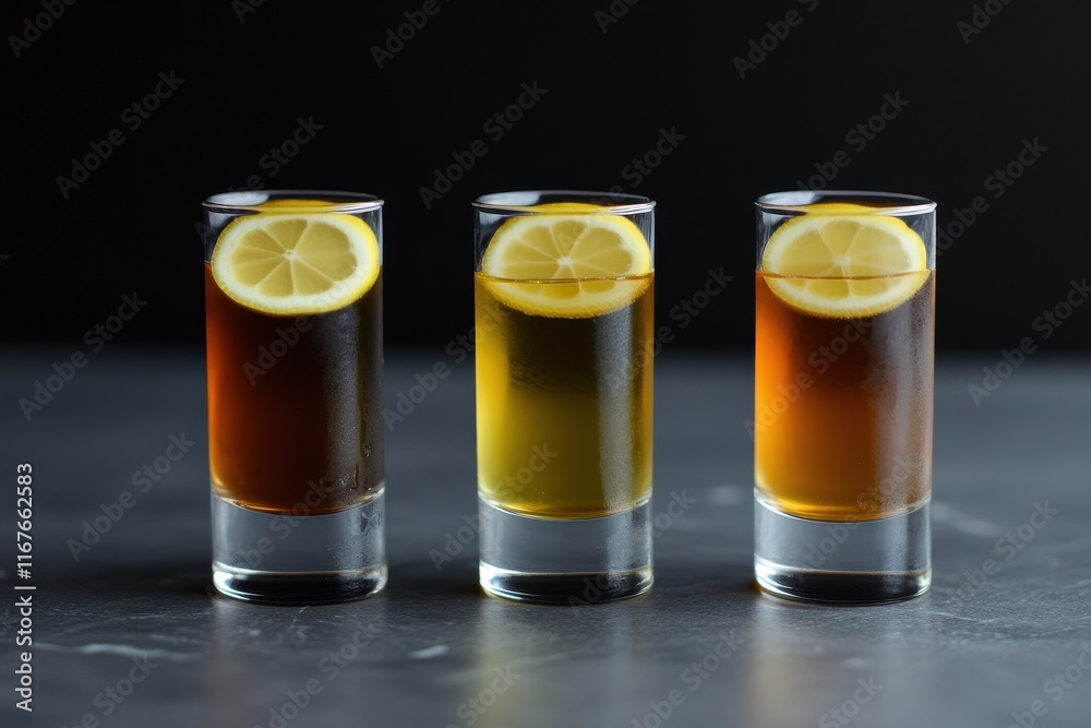 Colorful layered drinks with lemon slices displayed on a dark surface Colorful layered drinks with lemon slices displayed on a dark surface