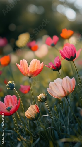 Vibrant wildflower meadow in spring showcasing colorful blooms and lush greenery