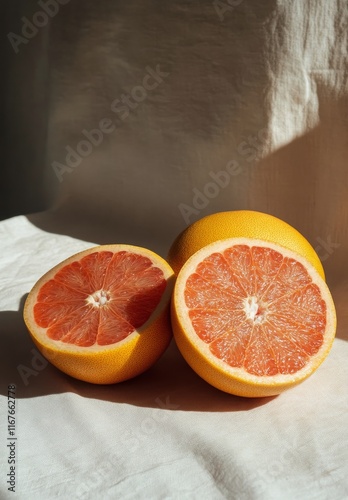 Freshly cut grapefruit halves resting on a soft, natural fabric background in...