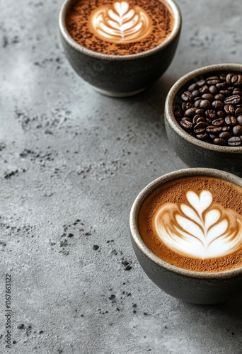 Beautifully crafted coffee and roasted beans on a textured surface