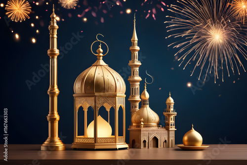 Golden arabic lanterns and mosques shining in front of fireworks for islamic holidays photo