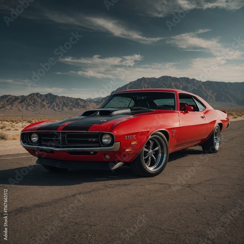 A modernized classic muscle car in bright red with black racing stripes and wide tires.