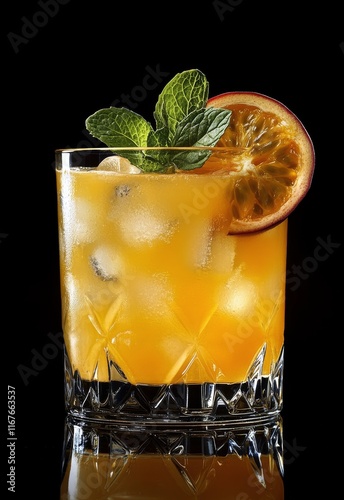 Refreshing tropical cocktail with mint and passionfruit served in a tall glass