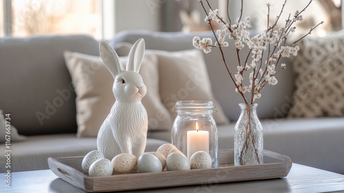 Decorative spring arrangement with a bunny figurine and pastel eggs on a wood...