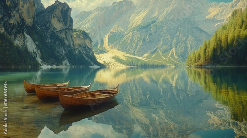 Peaceful boats on tranquil lake surrounded by majestic mountains in sunlight