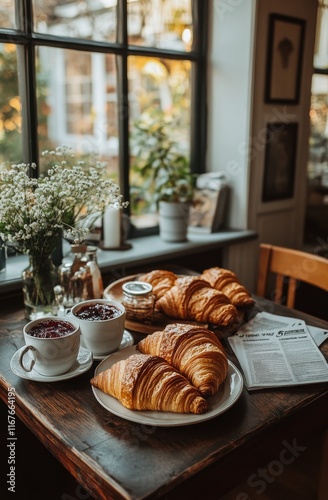 Freshly baked croissants served with savory sauce on wooden board