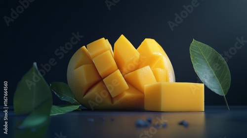 Bright yellow mango cubes are artistically arranged with fresh green leaves o...