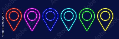 Pin neon icon set.