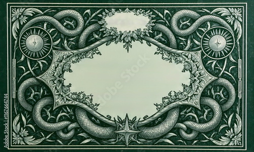 A vintage apothecary label design with intricate botanical patterns and alchemical symbols  leaving space for custom text