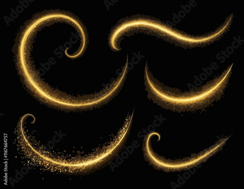 Set golden shimmering waves with light effect isolated on black background. Gold glittering star dust trail. Magic motion swirl lines.