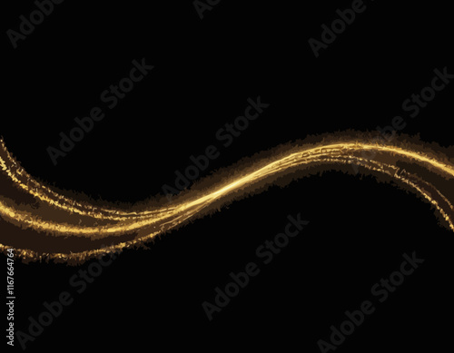 Set golden shimmering waves with light effect isolated on black background. Gold glittering star dust trail. Magic motion swirl lines.