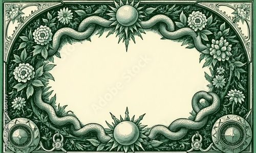 A vintage apothecary label design with ornate botanical illustrations and mystical symbols  leaving space for custom text