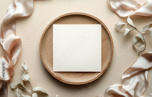 Elegant stationery arrangement on a wooden platter with dried flowers and sil...