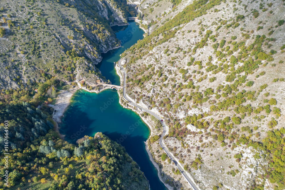 Aerial view of San Domenico lake near Scanno in Abruzzo