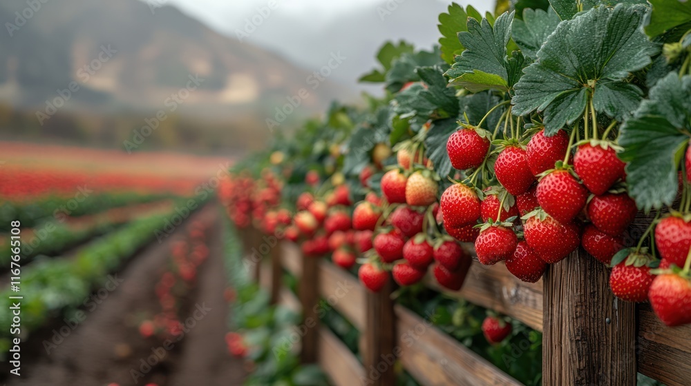 Obraz premium Ripe strawberries growing on a farm fence, hillside background, agricultural harvest