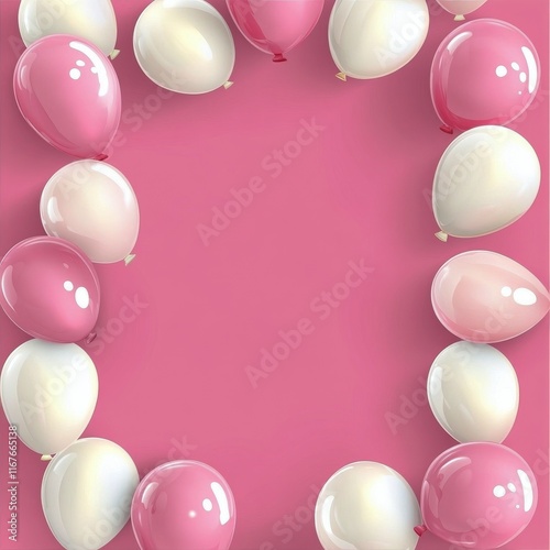 Festive pink and white balloons arranged in a circle on a soft pink backgroun...