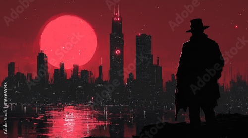 Crimson Cityscape: Lone Figure Under a Blood Red Moon photo