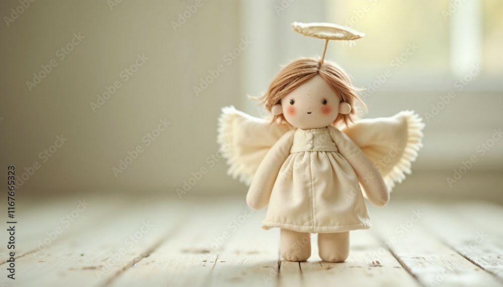 Fototapeta premium Cute angel doll with a gentle expression standing on a wooden floor near a window