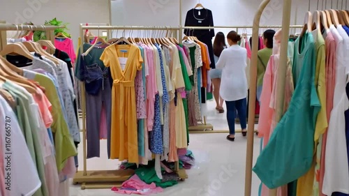 �Colorful mound of clothing in diverse sizes and styles dominates a spacious retail area, as shoppers browse, highlighting textile waste and fast fashion's impact.