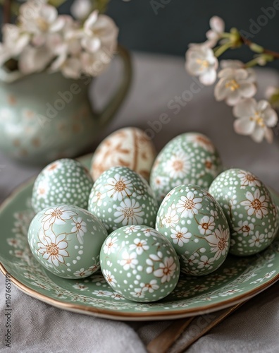 Beautifully decorated green and white Easter eggs arranged on a decorative plate