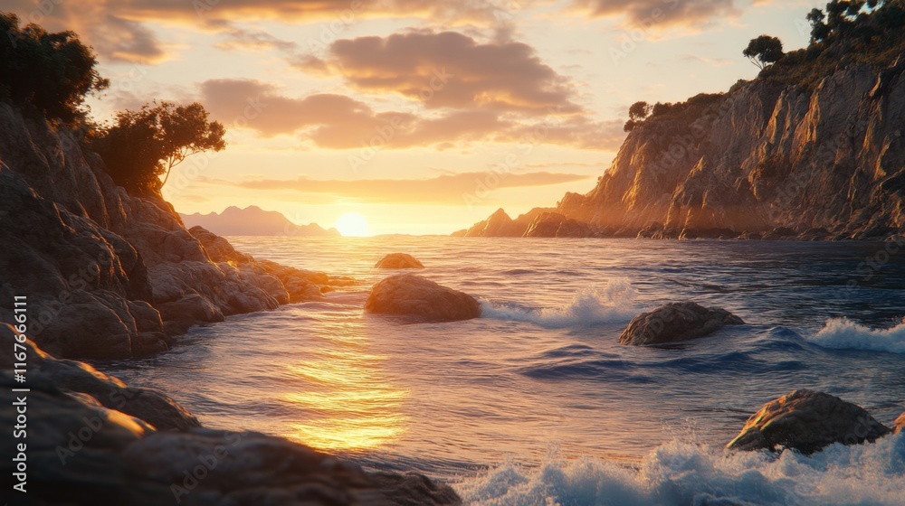 Obraz premium Serene Sunset Over Rocky Cliffs and Crashing Waves