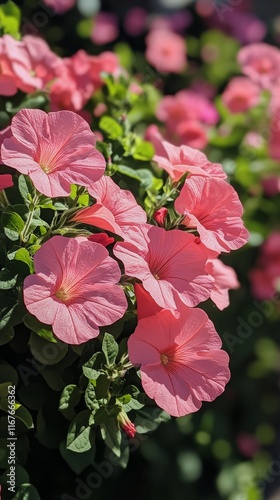 Pink azalea blooms illuminated by golden sunlight during a spring evening