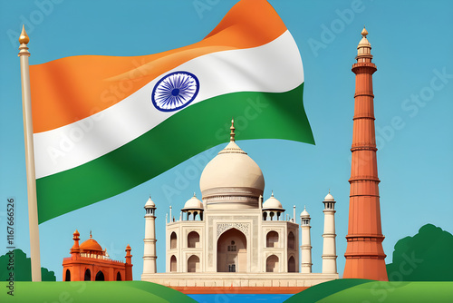 Indian flag waving over famous landmarks taj mahal and qutub minar