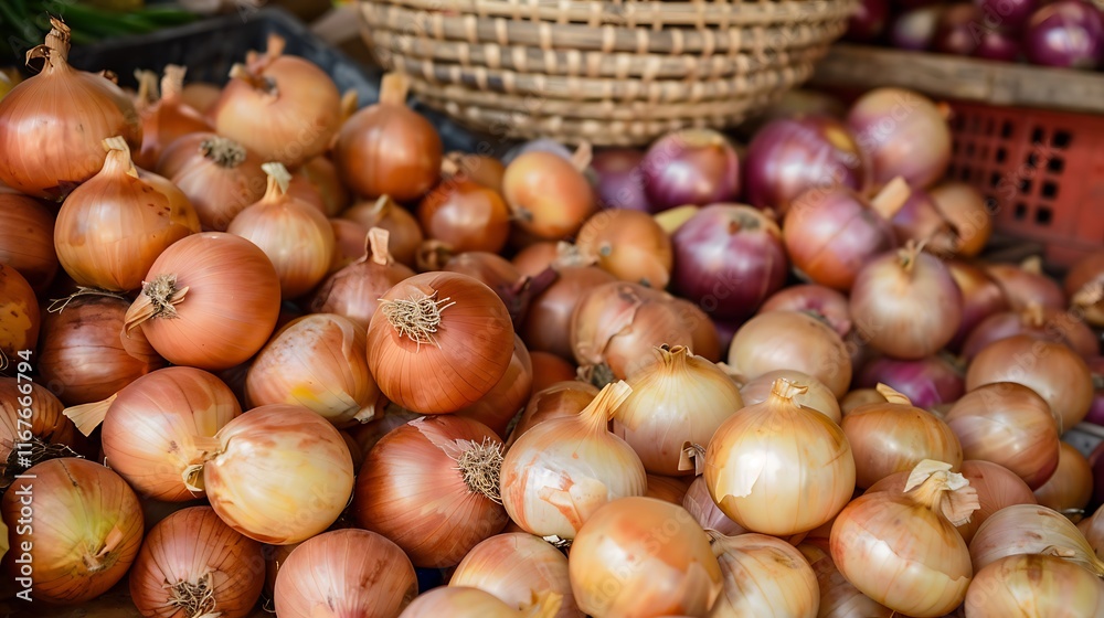 Red onions on display at a market stall Red onions on display at a market stall
