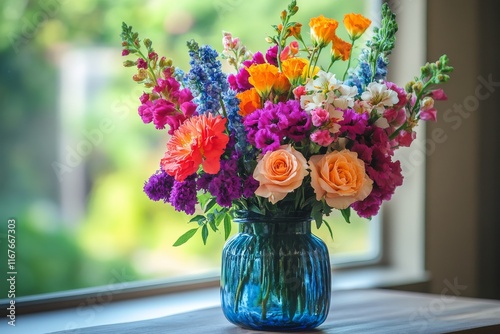 Colorful bouquet of fresh flowers displayed in blue glass vase near sunny window